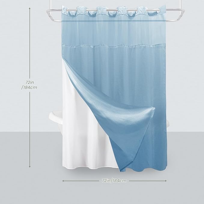Inhousolu No Hook Shower Curtain with Snap in Fabric Liner Set Waffle Weave 230GSM Weighted Hem, Waterproof & Washable Bathroom Curtain Spa Luxury with Mesh Top Window 72" W x 72" L Teal