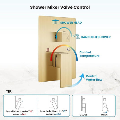 gotonovo Rainfall Bathroom Shower System Rain Shower Head and Handle Set Wall Mounted Shower Complete Combo Solid Brass Pressure Balancing Shower Mixer Valve 16 Inch Brushed Gold