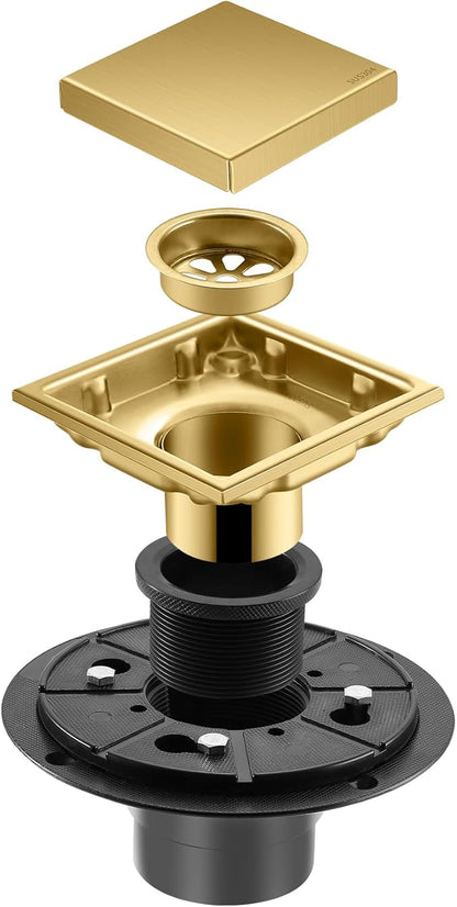 Hidden Brushed Square Shower Floor Drain, Gold 4 inch, 304 Stainless Steel, with Flange, Detachable Cover Embedded in Ceramic Tiles