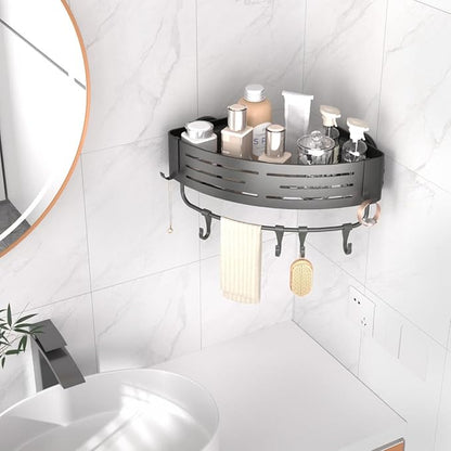 Onemake Corner Shower Caddy Suction Cup, Aluminum Wall Mounted Organizer Shelves Storage Rack with Towel Bar for Small Bathroom Grey