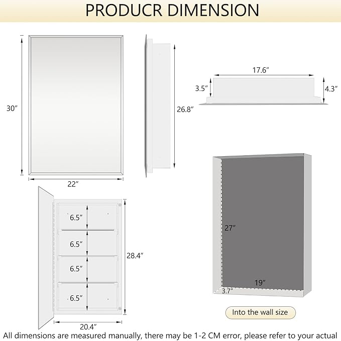 Bathroom Medicine Cabinet with 22x30 in Rectangular Beveled Frameless Mirror,Wall Mounted Mirror Cabinet for Bathroom Toilet Kitchen,Recess or Surface Mount,Already Assembly