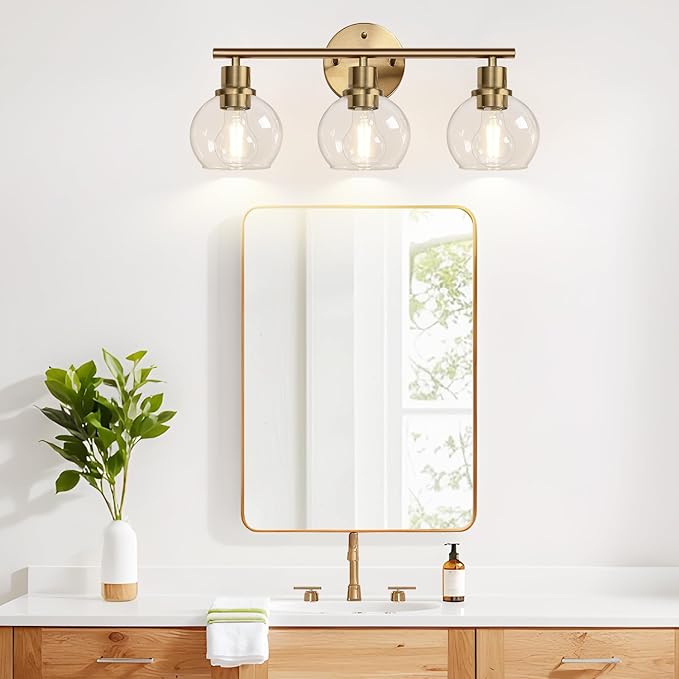 2025 Upgrade 3-Light Bathroom Light Fixtures, Brushed Brass Bathroom Lights Over Mirror with Clear Glass Globe Shade, Vanity Lights for Bathroom Kitchen Living Room Hallway Cabinet Bedroom Porch