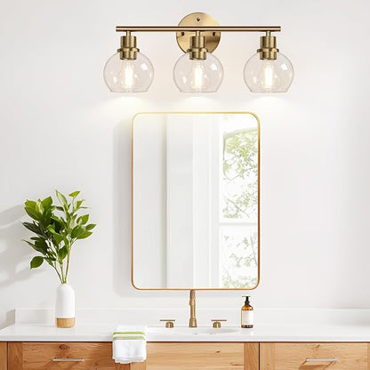2025 Upgrade 3-Light Bathroom Light Fixtures, Brushed Brass Bathroom Lights Over Mirror with Clear Glass Globe Shade, Vanity Lights for Bathroom Kitchen Living Room Hallway Cabinet Bedroom Porch