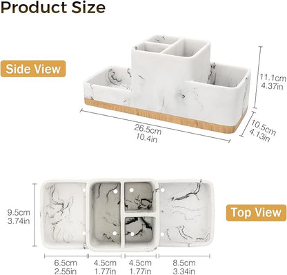 Toothbrush Holder for Bathrooms, Bathroom Organizer Countertop, Rectangle 5 Compartment Bathroom Accessories Storage for Toothpaste/Shaver and Other Items,White Resin of Marble Color (White)