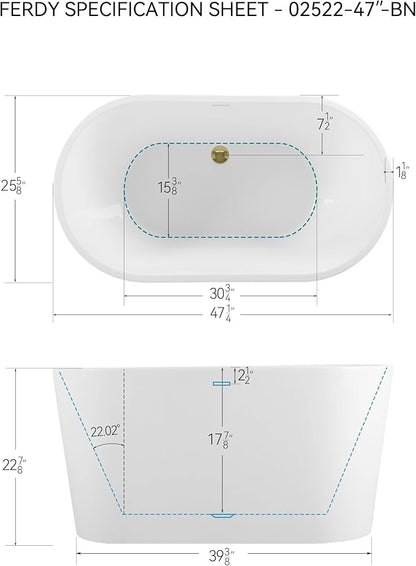 FerdY Shangri-La 47" Acrylic Freestanding Bathtub with Headrest, Small Classic Oval Shape Acrylic Soaking Bathtub with Polished Gold Drain & Overflow& Bath Pillow, cUPC Certified
