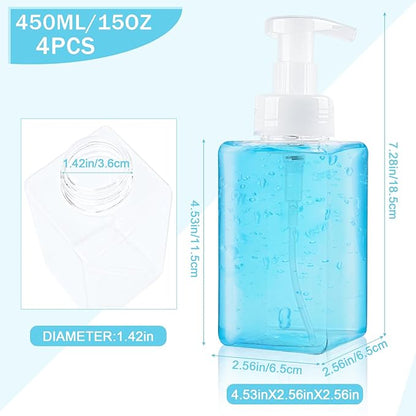Foaming Soap Dispenser 15oz/450ml Clear Empty Foam Soap Dispensers, Square Refillable Plastic Foaming Hand Soap Dispenser Soap Pump for Liquid Soap, Shampoo, Body Wash(4 Pack)