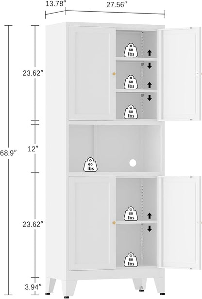 Metal Storage Cabinet, 69" Tall Bathroom Cabinets with 4 Doors & 3 Adjustable Shelves Large Cupboard, White Metal Pantry Cabinets for Kitchen, Home Office, Garage, Warehouse