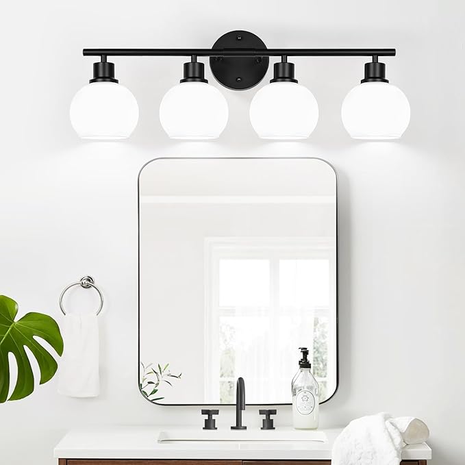 4-Light Bathroom Light Fixtures, Black Bathroom Lights Over Mirror with Milky White Frosted Glass Globe Shade, Vanity Lights for Bathroom Kitchen Living Room Hallway Cabinet Bedroom Porch
