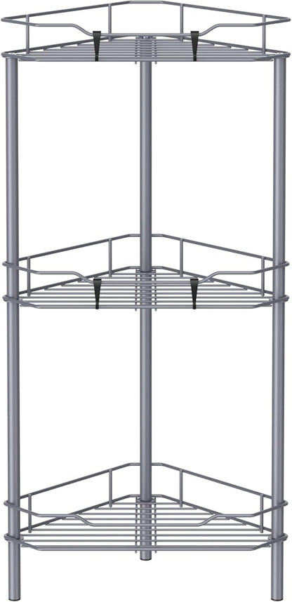 3 Tier Floor Standing Corner Shower Caddy Organizer Shelf with Hooks, Bathroom Shelves Stand Rack, Dark Gray