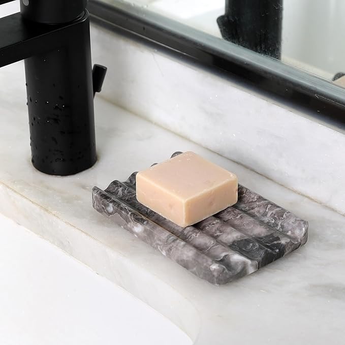Marble Soap Dish, Bar Soap Holder Shower, Brown Soaps Saver with Water Ripple Design, Easy Cleaning Stone Sponge Holder for Kitchen Sink，Bathroom, Executive Natural Stone Soap Tray