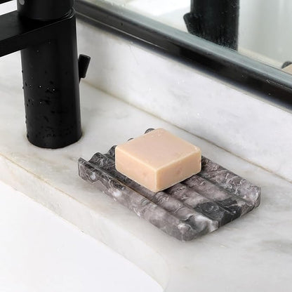 Marble Soap Dish, Bar Soap Holder Shower, Brown Soaps Saver with Water Ripple Design, Easy Cleaning Stone Sponge Holder for Kitchen Sink，Bathroom, Executive Natural Stone Soap Tray