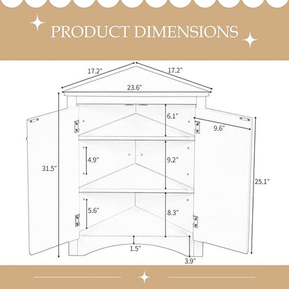 Corner Storage Cabinet with Adjustable Shelves, Triangle Bathroom & Kitchen Organizer, Freestanding Floor Cabinet for Toilet Kitchen Bathroom Cleaning Supplies (Brown)
