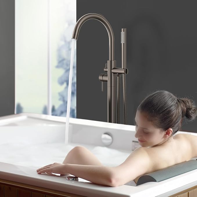 Freestanding Bathtub FaucetFloor Mount Bathtub Filler Shower Mixer Faucet with Handheld Shower Sprayer Swivel, Bottom Inlet，Grey