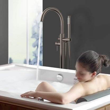 Freestanding Bathtub FaucetFloor Mount Bathtub Filler Shower Mixer Faucet with Handheld Shower Sprayer Swivel, Bottom Inlet，Grey