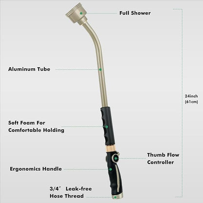 RESTMO Long Watering Wand, 24 Inches Gentle Soft Full Shower Sprayer Wand with Thumb Flow Control, Heavy Duty Metal Hose Wand for Hanging Baskets, Shrubs, Plants, Flowers, Garden and Lawn