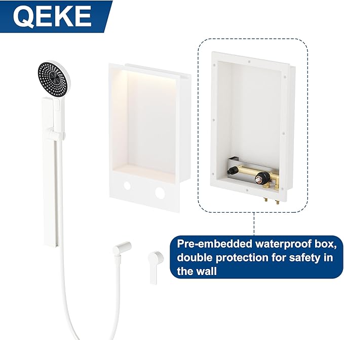 Shower Niche with Round Hand Shower, Sliding Bar and LED Light in Matte White/Vertical