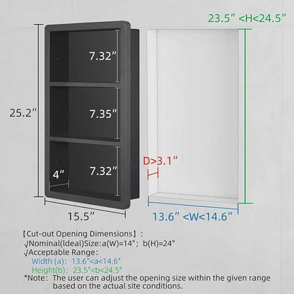Recessed Medicine Cabinet No Mirror - 14x24 Bathroom Storage Wall Cabinet with 2 Shelves, 304 Stainless Steel Shower Niche, Matte Black Waterproof for Bathroom, Toilet, Vanity