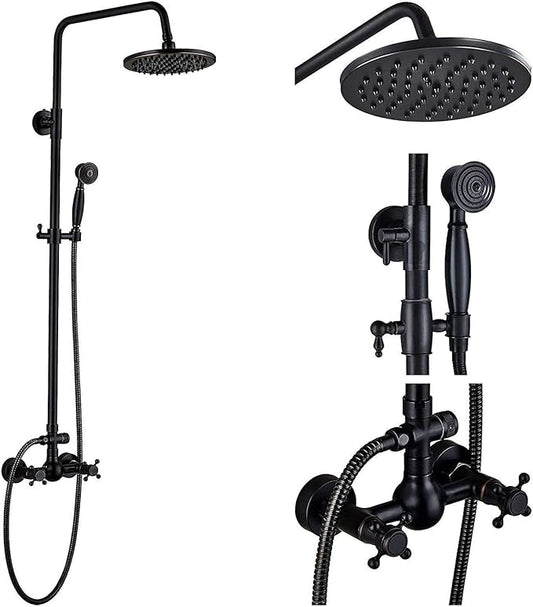 NeierThodore Luxury ORB Bathroom Shower Faucet Dual Handles Wall-Mounted Shower Mixer Taps 8" Rainfall Shower Head Ceramic Handheld Sprayer Oil Rubbed Bronze