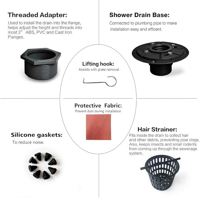 Neodrain 6 in Square Shower Drain, Oil Rubbed Bronze, Removable Quadrato Pattern Grate, with PVC Shower Drain Base and Rubber Gasket, Square Drainage. CUPC Certified, Includes Hair Strainer, ORB