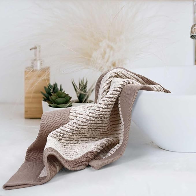 Cleanbear Wash Cloths 12 Pack, Jacquard Weaved Cotton Washcloth for Body and Face, 13.5 by 13 Inches Soft Face Towels for Sensitive Skin (Light-Brown)
