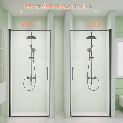 34" Wx72 H Frameless Reversible Pivot Shower Door, 1/4" Clear SGCC Tempered Glass & Shatter Proof Film, 304 Stainless Steel Hardware, Water Protection Seal Stripes Plus Glass-Fixing Aluminum Stripe