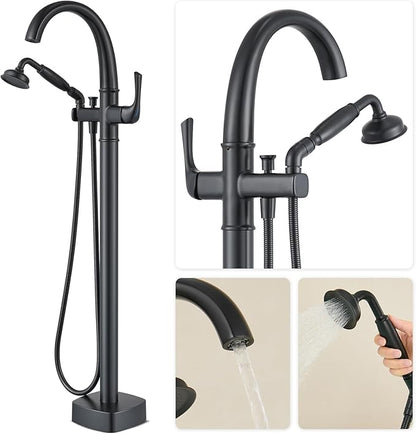 Free Standing Tub Faucet, Hanallx Luxury Matte Black Freestanding Bathtub Faucet with Sprayer, Premium Brass High Flow Rate Floor Mount Tub Filler Swivel Spout, Roman Tub Faucet Set（HM88011-BK）