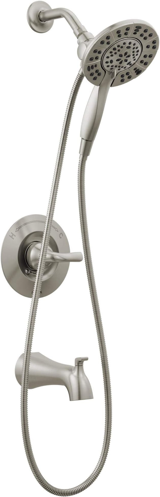 Delta Arvo 14 Series Brushed Nickel Bathtub Shower Faucet Set with In2ition 2-in-1 Dual Shower Head with Handheld Spray Combo, Valve Trim Kit, Spotshield Stainless 144840-SP-I (Valve Included)