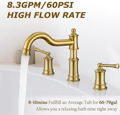 Roman Bathtub Faucet Deck Mount Tub Faucet for Bathroom Widespread Elegant Classic Spout with 3 Holes 2 Handle Valve Cartridge Included,Brush Gold