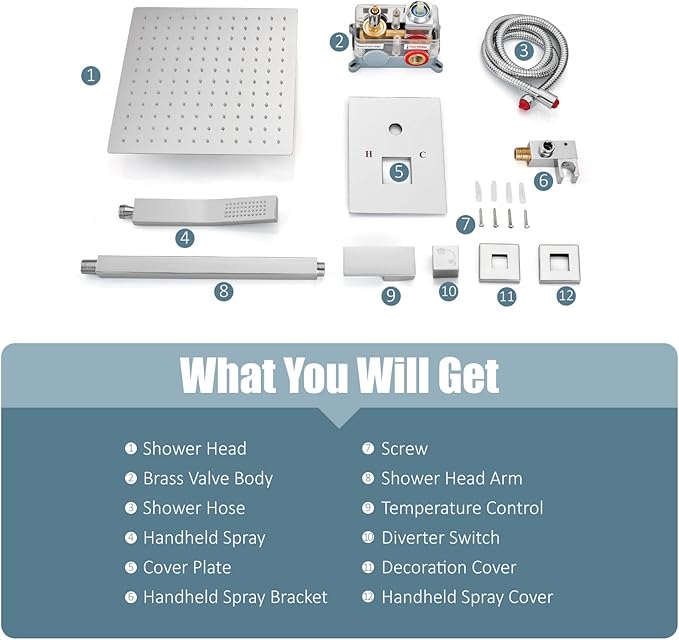 Aolemi Ceiling Mount Shower System Rain Shower Head with Handheld Spray High Pressure Shower Faucet Set Rough-in Valve Shower Trim Kit Included Bathroom Polish Chrome 12 Inch Ceiling Shower Head