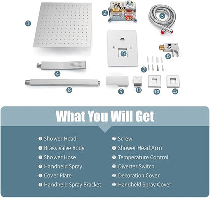 Aolemi Ceiling Mount Shower System Rain Shower Head with Handheld Spray High Pressure Shower Faucet Set Rough-in Valve Shower Trim Kit Included Bathroom Polish Chrome 12 Inch Ceiling Shower Head
