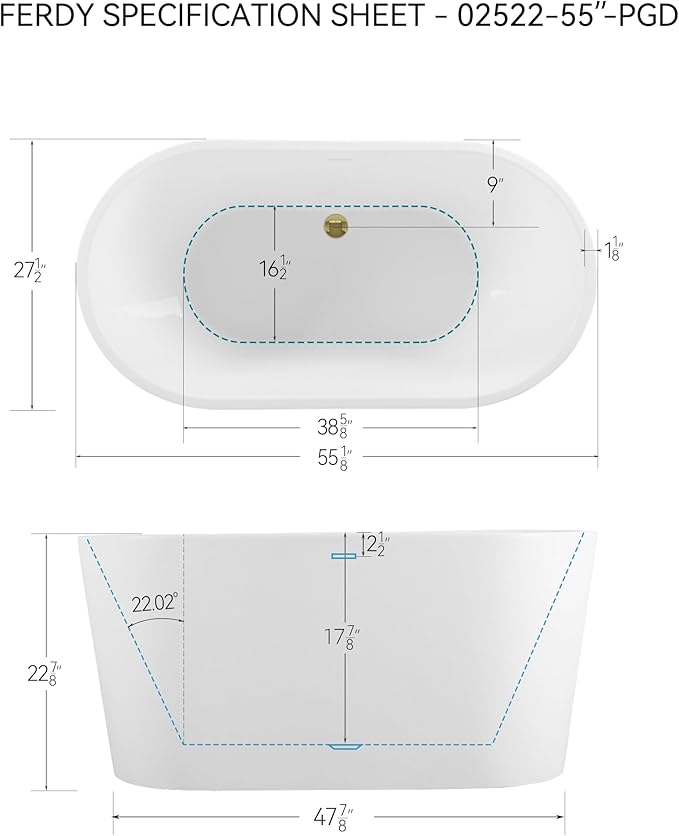 FerdY Shangri-La 55" Acrylic Freestanding Bathtub, Ergonomic Lightweight Classic Oval Soaking Bathtub with Polished Gold Drain, Minimalist Linear Design Overflow, Modern White