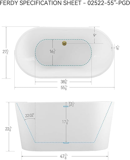 FerdY Shangri-La 55" Acrylic Freestanding Bathtub, Ergonomic Lightweight Classic Oval Soaking Bathtub with Polished Gold Drain, Minimalist Linear Design Overflow, Modern White