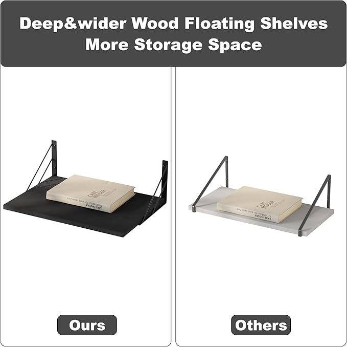 Love-KANKEI Wide Floating Shelves for Wall, Black 16" W x 12" D Large Deep Wood Wall Shelves for Storage in Bathroom, Bedroom, Living Room, and Kitchen Set of 2