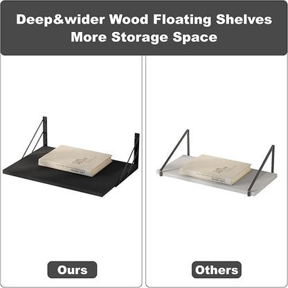Love-KANKEI Wide Floating Shelves for Wall, Black 16" W x 12" D Large Deep Wood Wall Shelves for Storage in Bathroom, Bedroom, Living Room, and Kitchen Set of 2