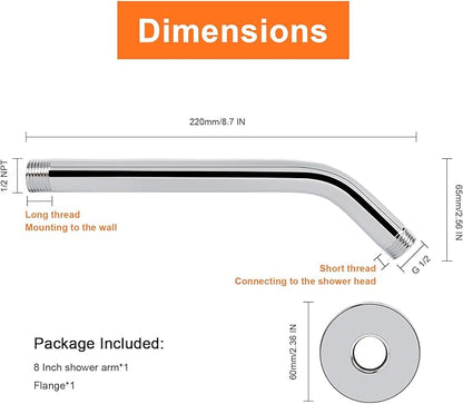 HarJue Shower Arm with Flange and Teflon Tape, Wall Mounted Shower Pipe 304 Stainless Steel Extension Arm for Fixed Shower Head & Handheld (8 Inch, Chrome)