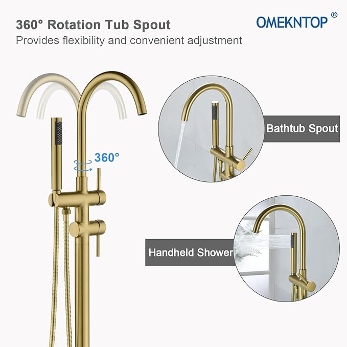 Modern Freestanding Tub Faucet with 360 Swivel Gooseneck Spout and Handheld Shower, Gold Floor Mount Tub Filler
