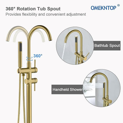 Modern Freestanding Tub Faucet with 360 Swivel Gooseneck Spout and Handheld Shower, Gold Floor Mount Tub Filler