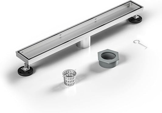 Linear Shower Drain 18", Brushed Floor Drain with Tiled Insert Grate & Hair Strainer, 304 Stainless Steel Bathroom 2-in-1 Tiled in Drain, CUPC Certified (Brushed, 18'')