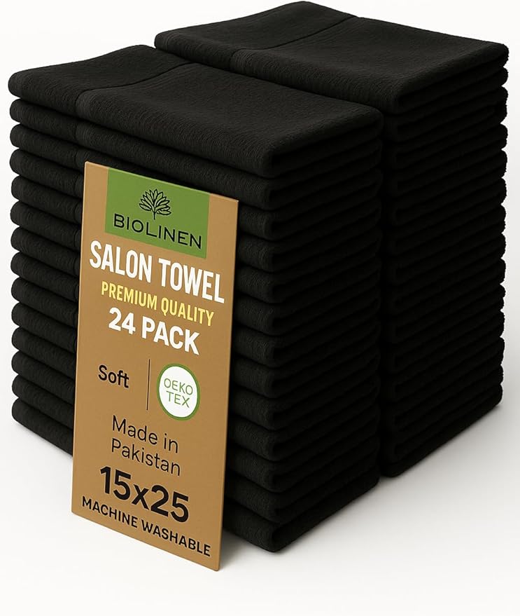 BIOLINEN Cotton Salon Towels Set 15"x25" Pack of 24 Ultra Soft 100% Cotton Gym Towel Hand Towel White Black Daily Usage Maximum Softness Absorbency for Home Gym Spa, Easy Care (Black)