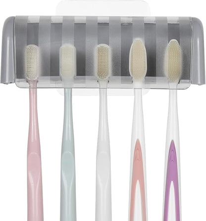 LUEXBOX 5 Slots Wall Mount Toothbrush Holder with Cover, Self Adhesive Toothbrush Storage Organizer for Shower, Toothbrush Hanger for Bathroom, Medicine Cabinet, Dorm (Grey)