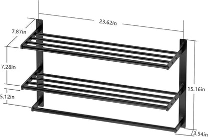 Hotel Towel Rack with 3-Tier Shelf, 24 Inch Wall Mounted Bathroom Bar, Matte Black Lavatory Bath Tower