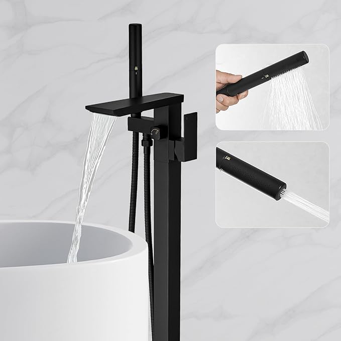 RUMOSE Matte Black Bathtub Filler Freestanding Tub Filler Floor Mount Tub Faucet Waterfall Free Standing Bathtub Faucet High Flow Brass Bath Shower Faucets with Handheld Sprayer