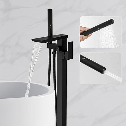 RUMOSE Matte Black Bathtub Filler Freestanding Tub Filler Floor Mount Tub Faucet Waterfall Free Standing Bathtub Faucet High Flow Brass Bath Shower Faucets with Handheld Sprayer