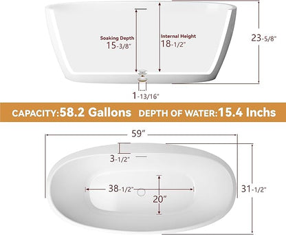 59" Free Standing Tub, Pure Acrylic Freestanding Bathtub, Stylish Stand Alone Contemporary Deep Soaking Bath Tub, cUPC Certified SY5850 (Glossy White)