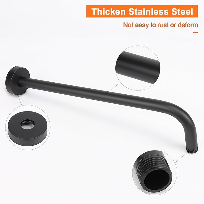 HarJue Shower Arm with Flange and Teflon Tape, Wall Mounted Shower Pipe 304 Stainless Steel Extension Arm for Fixed Shower Head & Handheld (15 Inch, Matte Black)