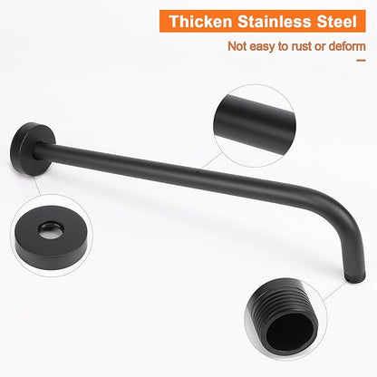 HarJue Shower Arm with Flange and Teflon Tape, Wall Mounted Shower Pipe 304 Stainless Steel Extension Arm for Fixed Shower Head & Handheld (15 Inch, Matte Black)