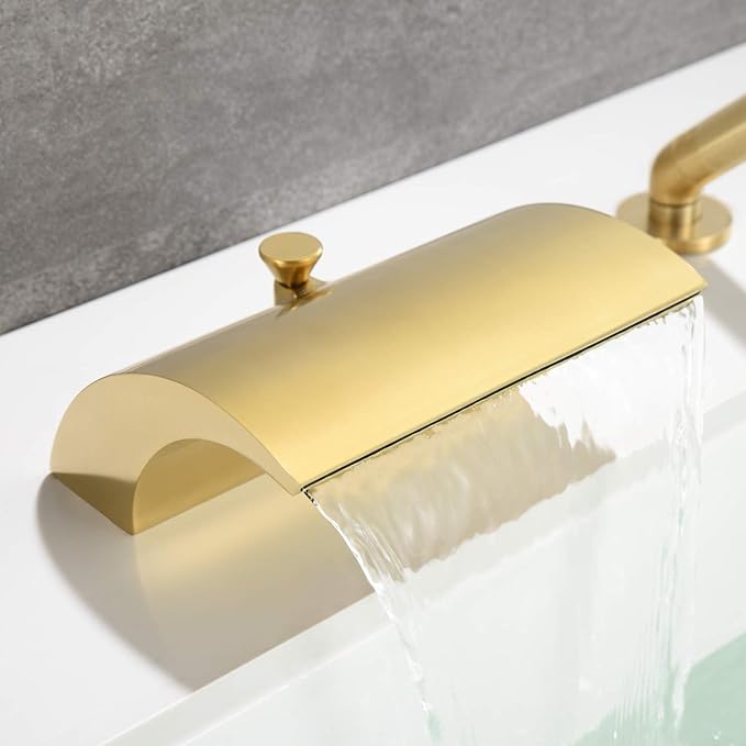 sumerain 3 Hole Roman Tub Faucet with Hand Shower, High Flow Single Handle Waterfall Bathtub Filler Brushed Gold Finish