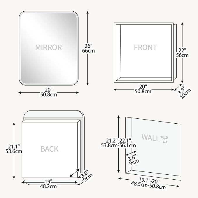 Rectangle Medicine Cabinet with Beveled Edge Mirror, No-Assembly Bathroom Wall Cabinet with Mirror, Adjustable Shelves, Tissue Slot, Recessed or Surface Mount (26" H x 20" W)