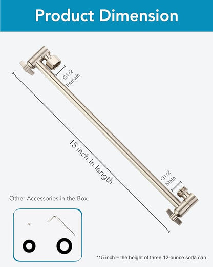 15 Inch Extra Long Adjustable Shower Head Extension Arm With Locking Set Screw, Singing Rain Brass Angle Height Adjustable, Easy To Install, G1/2 Universal Connector Compatible (Nickel Brushed)