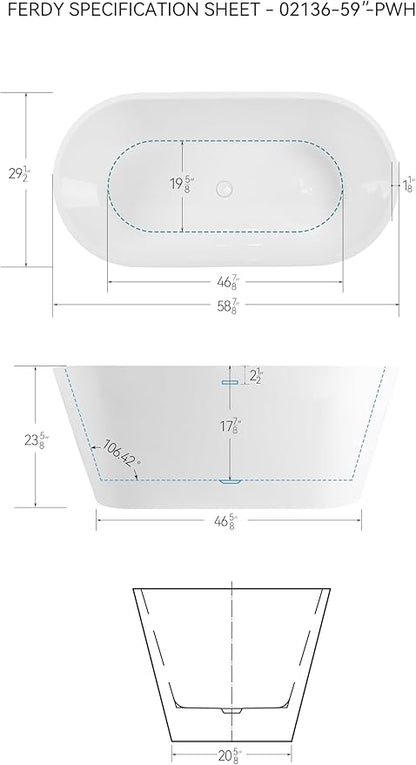 FerdY 59" Shangri-La Elite, Acrylic Freestanding Bathtub, Modern & Contemporary Design Soaking Tub with Polished White Pop-Up Drain and Minimalist Design Overflow, Glossy White, cUPC Certified